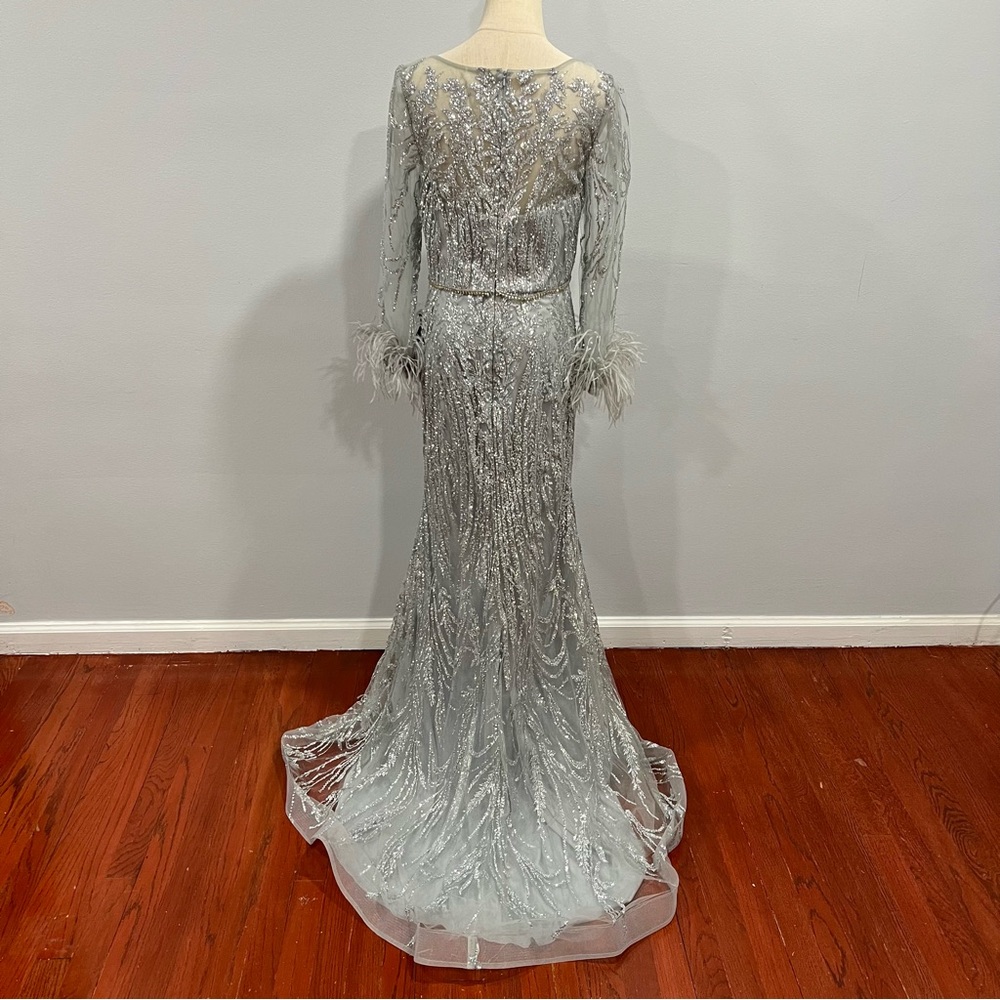 CINDERELLA DIVINE Fitted Long Glitter Evening Dress With Feathers Sleeves - Picture 11 of 16